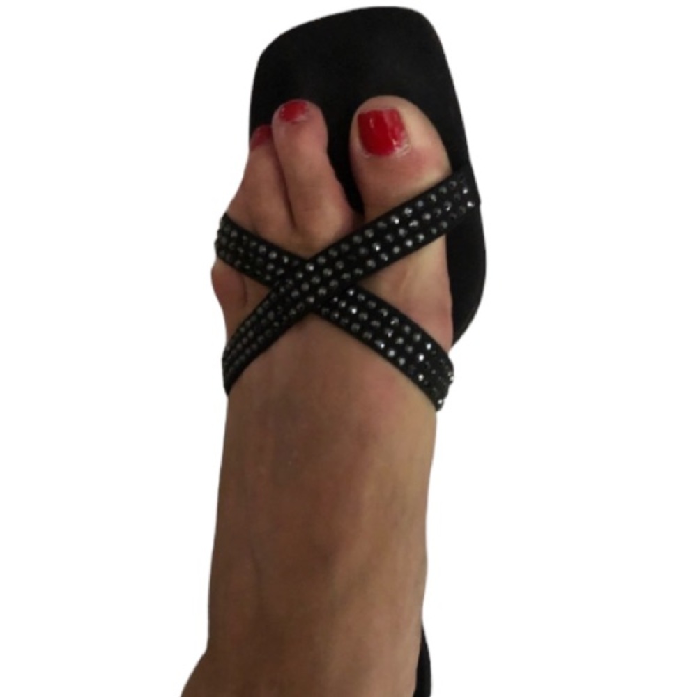 St. John size 10 black satin open toe kitten embellished with Swarovski crystals